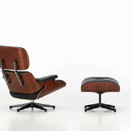 Designerstuhl Eames Lounge Chair mit Ottomane von Vitra mit schwarzem Leder und Holz Palisander und Fusskreuz schwarz bei LHL im Onlineshop kaufen – Rueckansicht