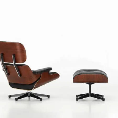 Designerstuhl Eames Lounge Chair mit Ottomane von Vitra mit schwarzem Leder und Holz Palisander und Fusskreuz schwarz bei LHL im Onlineshop kaufen – Rueckansicht
